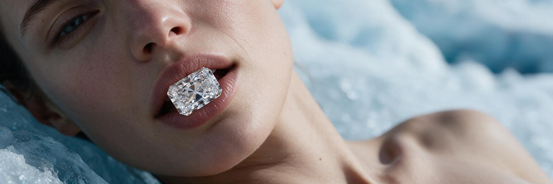 Model presenting a radiant-cut lab-grown diamond