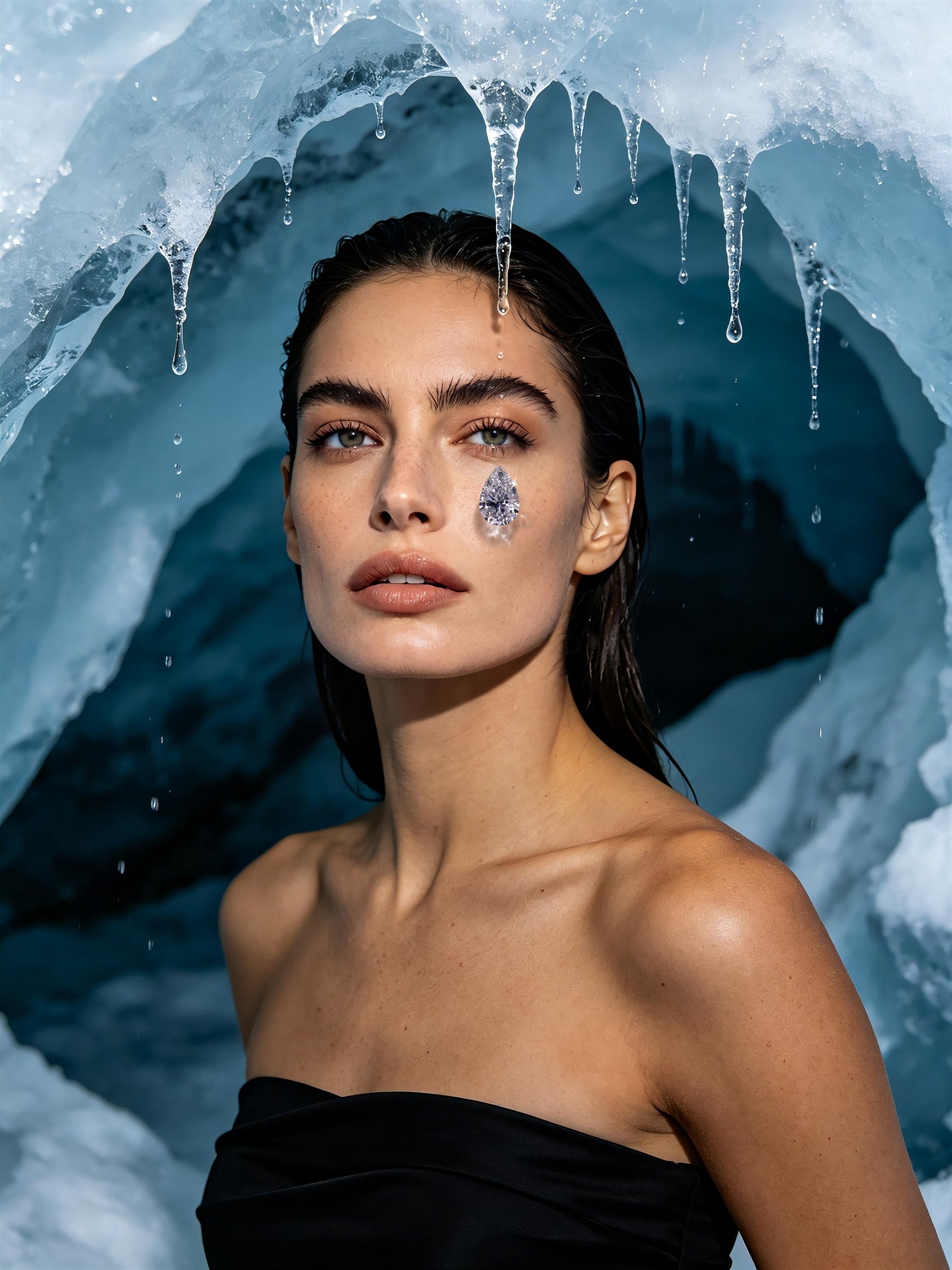 Model framed by ice with a pear-shaped diamond detail